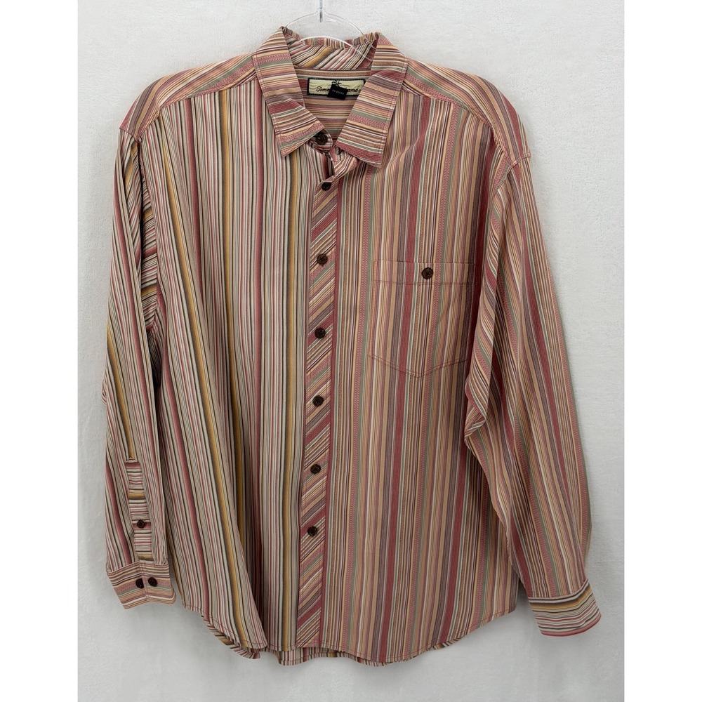 Tommy‎ Bahama Shirt Mens Large Red Striped 100% Silk Button Up Casual Colorful